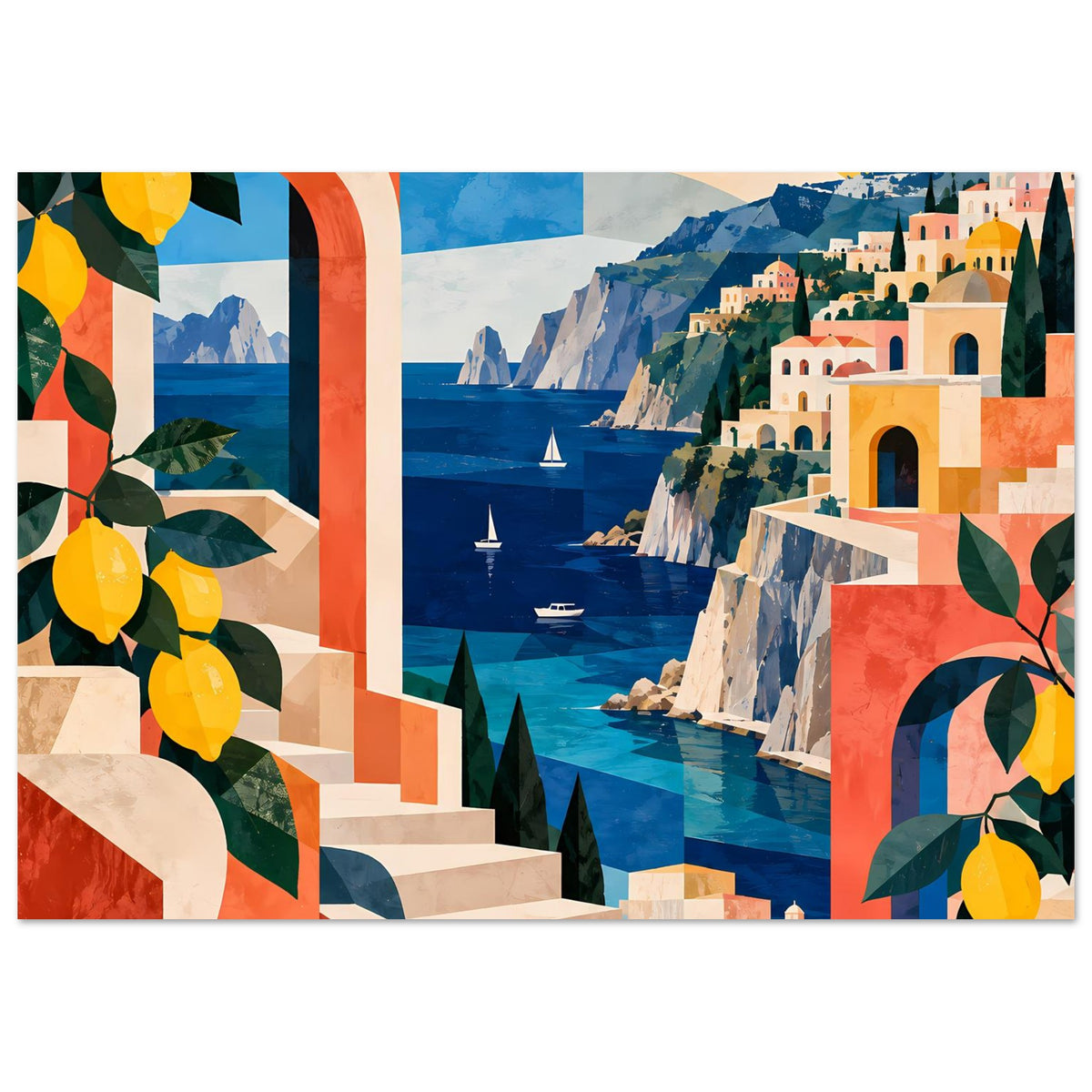 Mediterranes Küstenposter mit Zitronen-Motiv, Häusern am Meer und farbigen Bögen