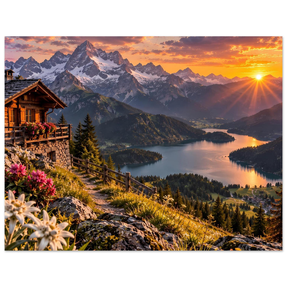 Horizontales Poster mit Alpen-Sonnenuntergang über Bergkette, See, Hütte und Holzgeländer