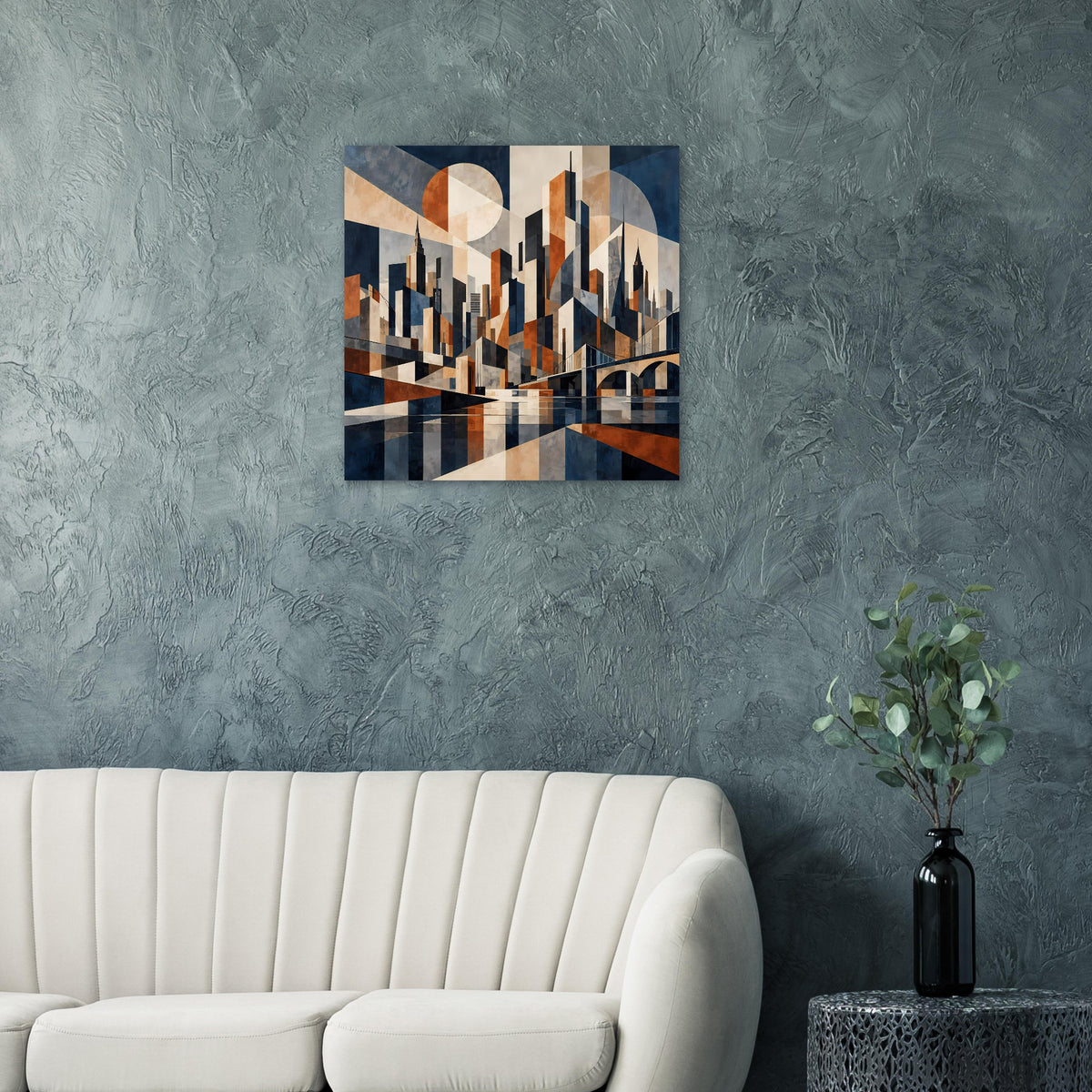 Abstraktes Poster mit City-Skyline, kreisförmigen Flächen und Spiegeloptik