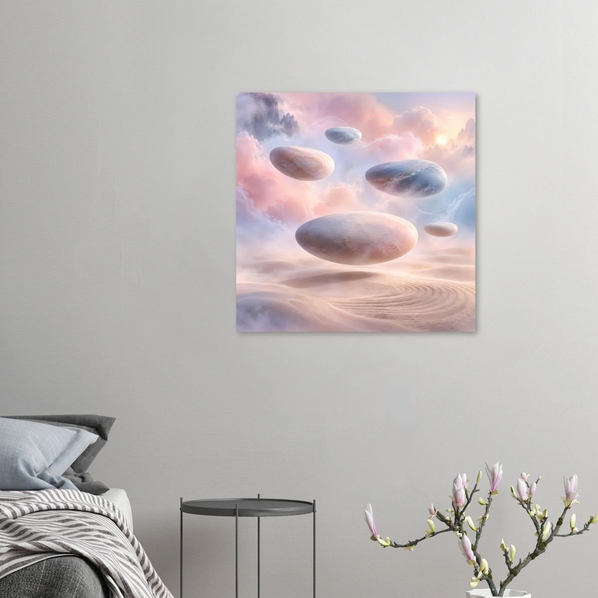 Quadratisches Pastellposter mit schwebenden Steinen über rosigen Dünen und Wolken.