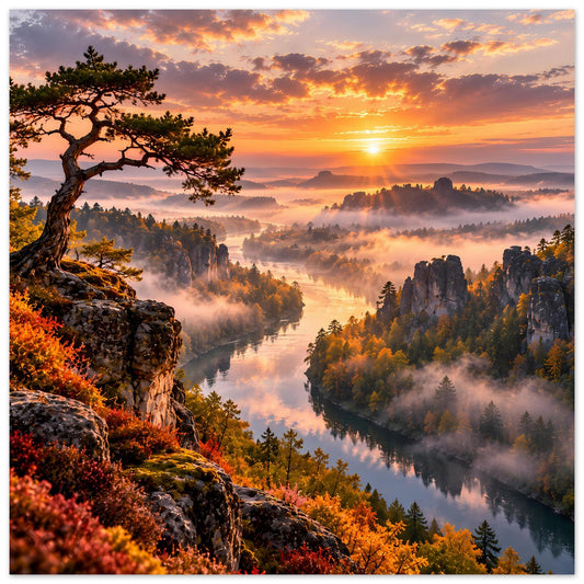 Landschaftsposter mit Fluss, Herbstwäldern und Sonnenaufgang über Nebel und Felsen