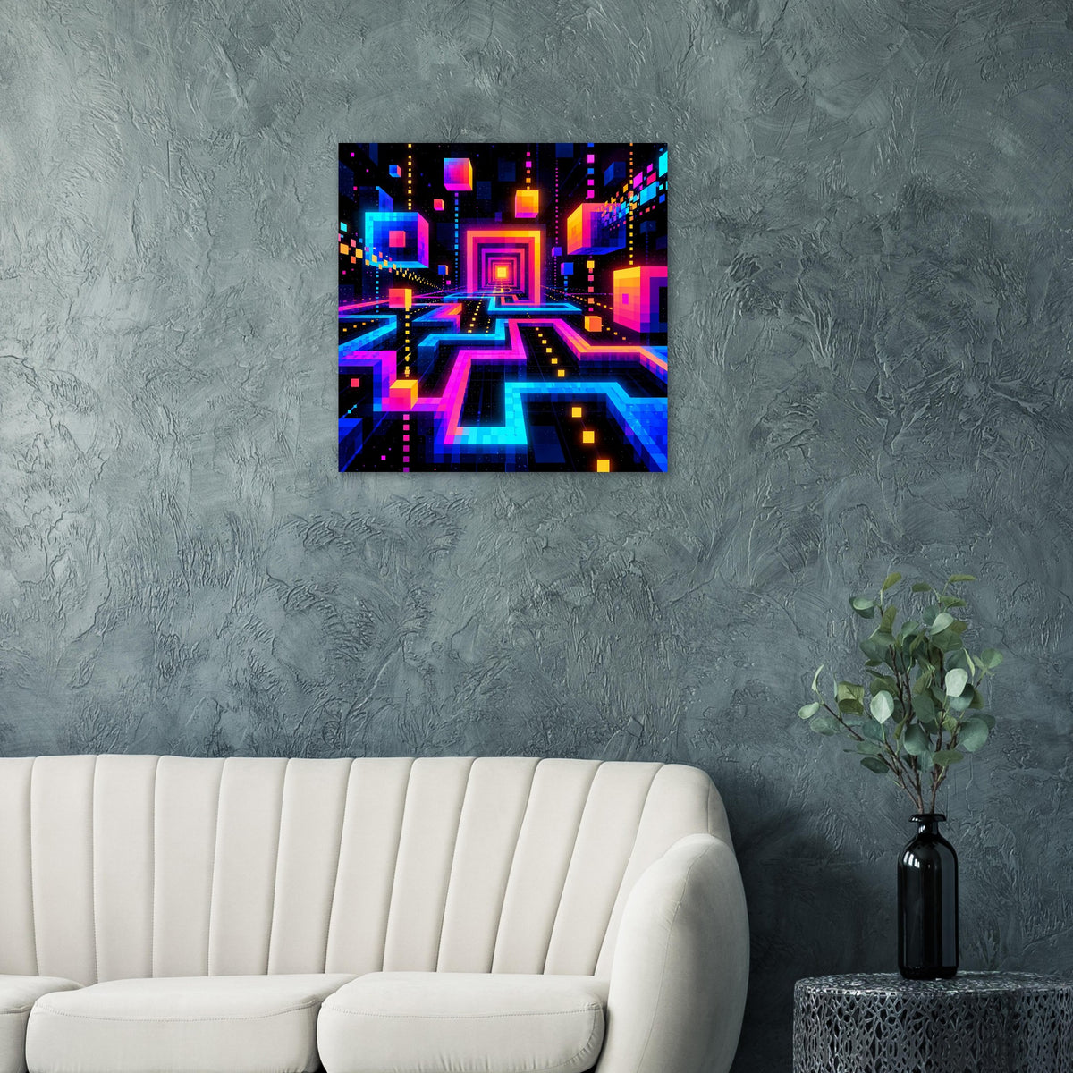 Quadratisches Neon-Labyrinth-Poster mit geometrischen Pfaden und leuchtenden Farbflächen