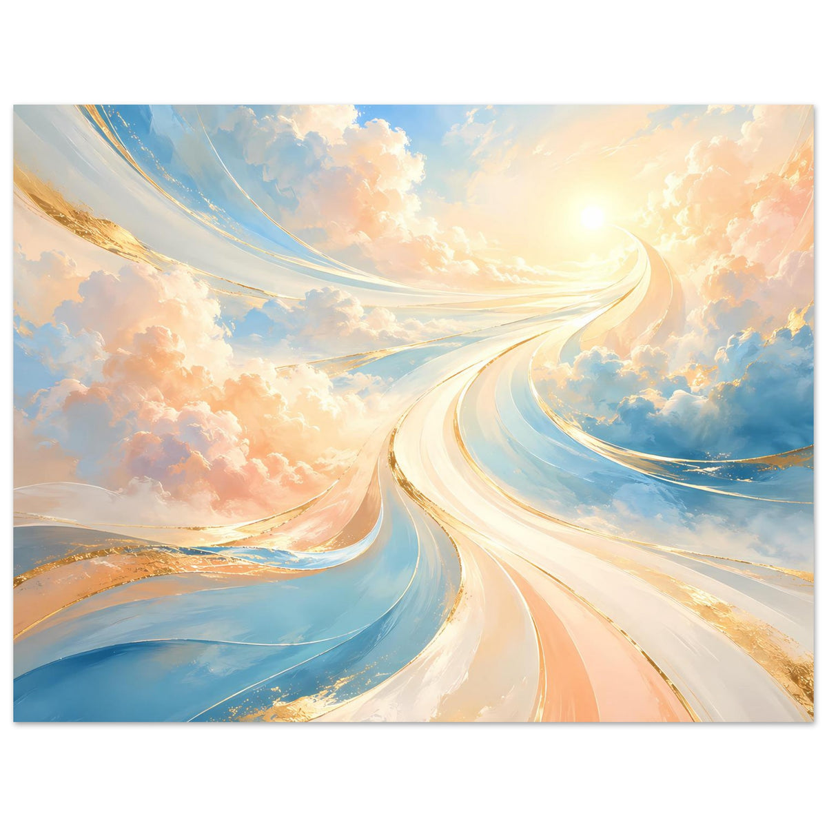 Poster mit kurvigen Lichtbahnen am Himmel in Pastellblau, Creme und Apricot