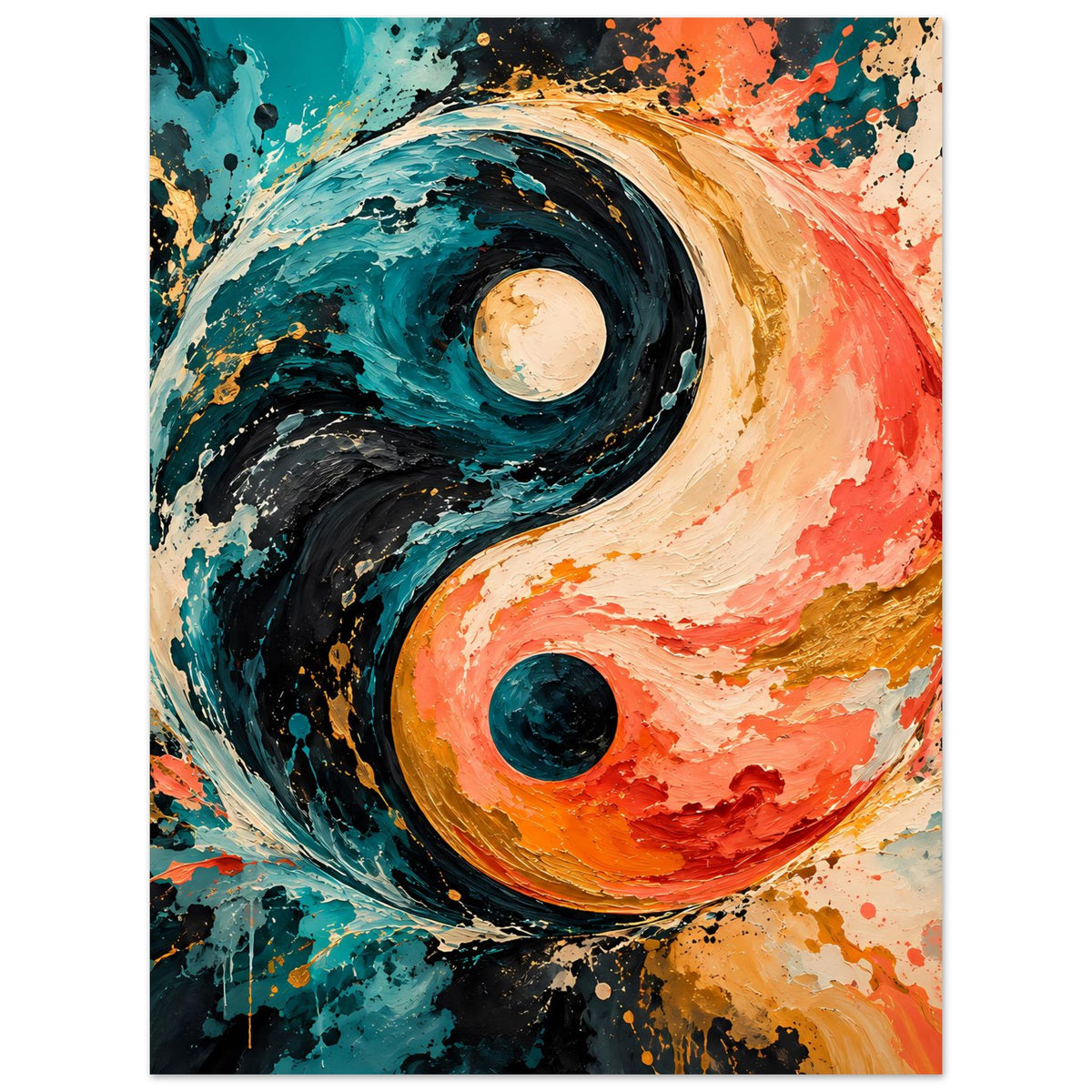 Abstraktes Yin-Yang-Poster im Hochformat mit türkisem Kreis und orangefarbenem Halbkreis