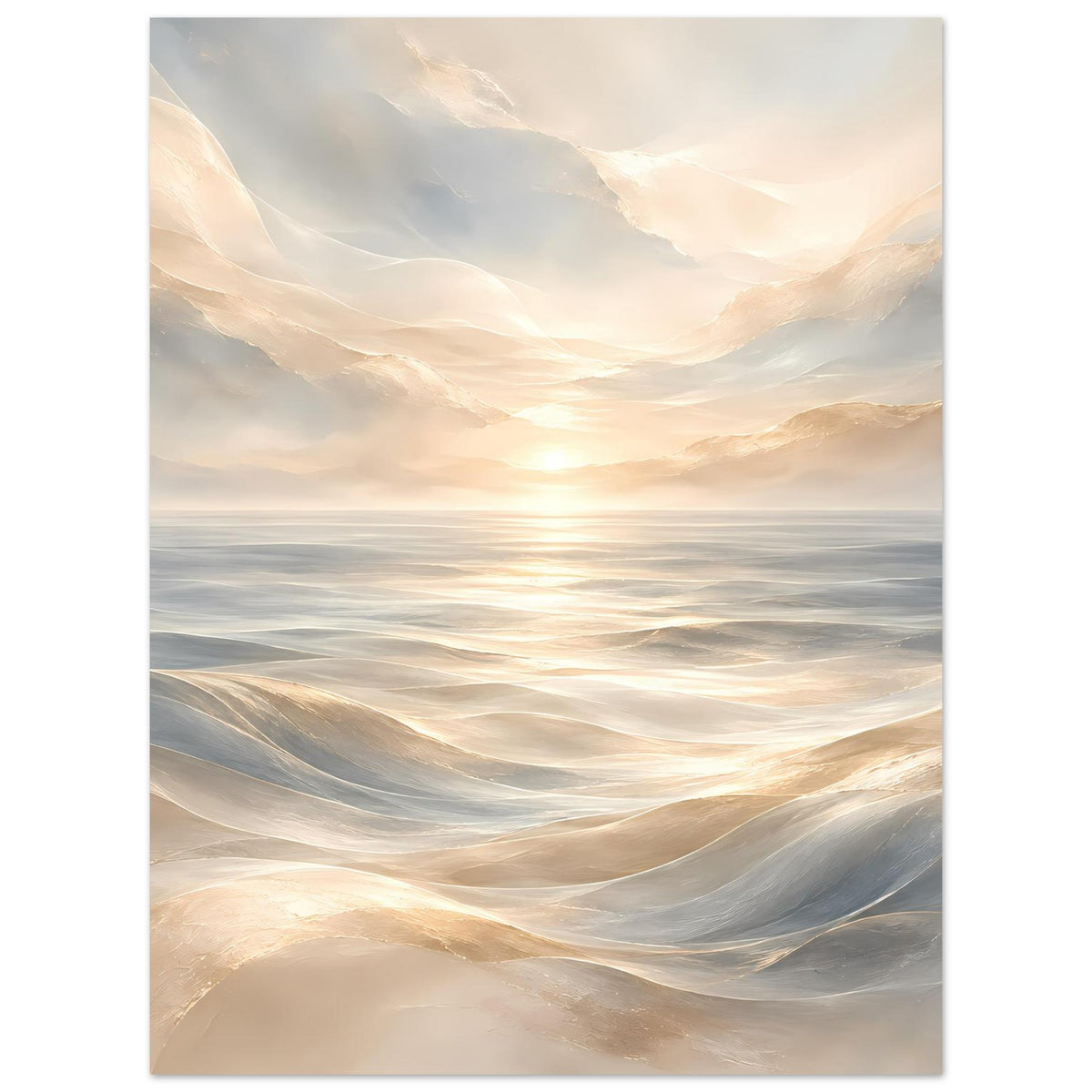 Vertikales, gerahmtes Poster: sanfte Wellen am Horizont bei goldenem Sonnenaufgang
