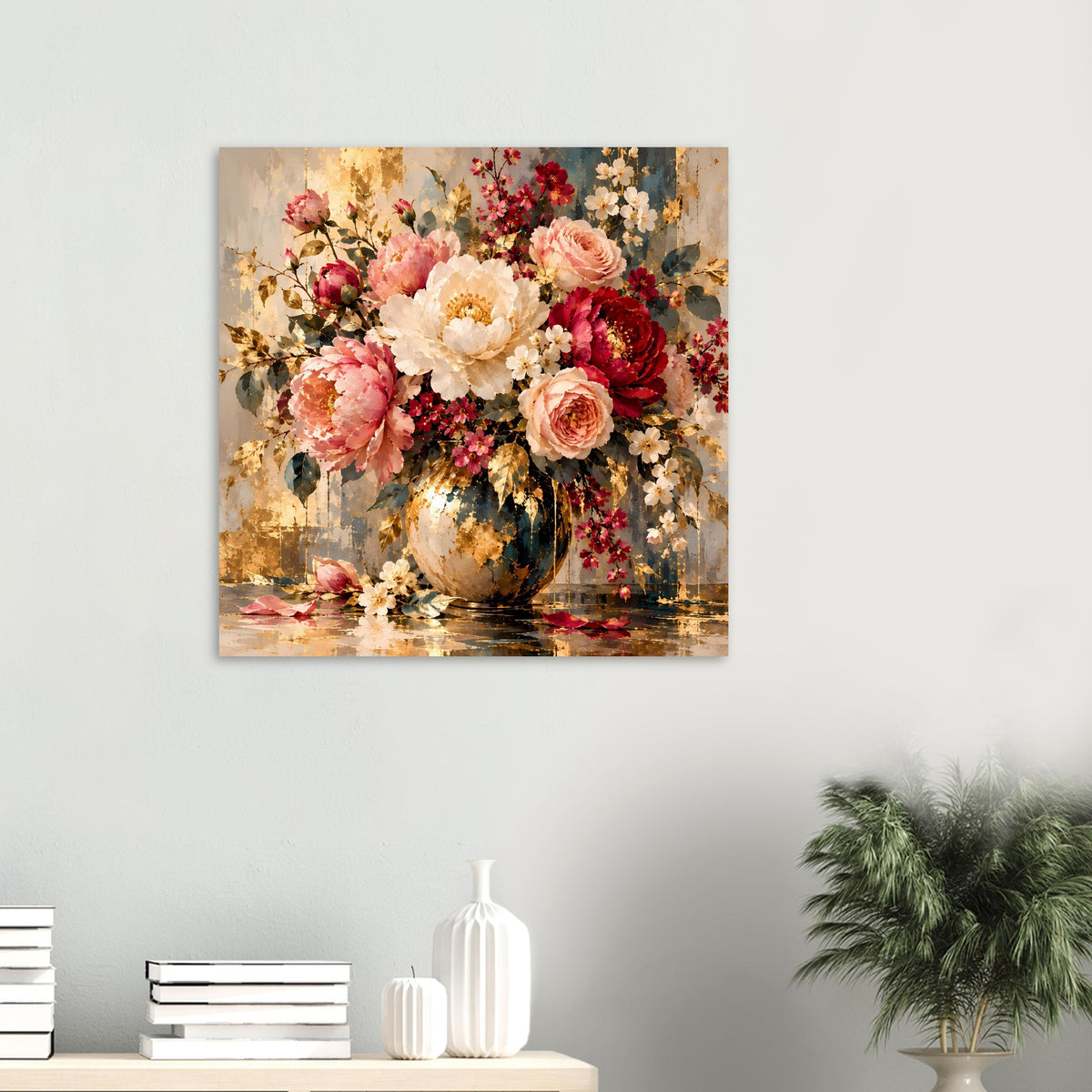 Kleines Blumenposter im Hochformat mit Rosenstrauß in Vase, Pastellrosa, Creme und dunkles Rot