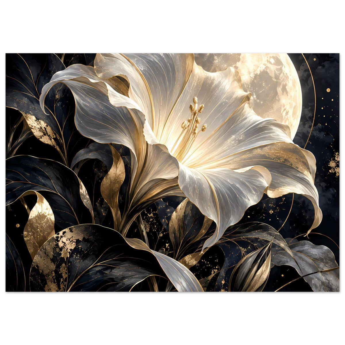 Poster im Querformat: leuchtende Lilienblüte, Mondsichel, goldene Akzente auf dunklem Grund