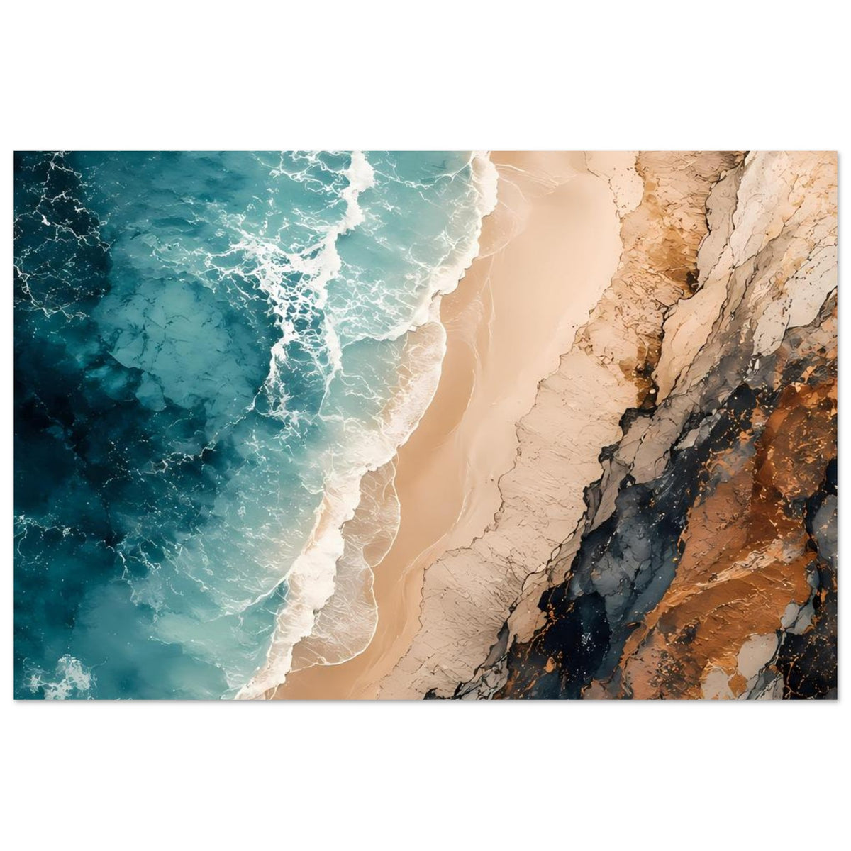 Poster mit Blick auf Wellen: türkisfarbenes Wasser, Sandstrand und Steilküste