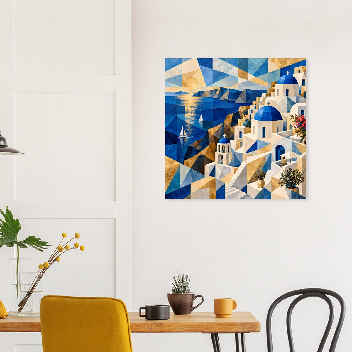 Geometrisches Poster mit blau-goldener Landschaft, weißen Häusern und blauen Kuppeln