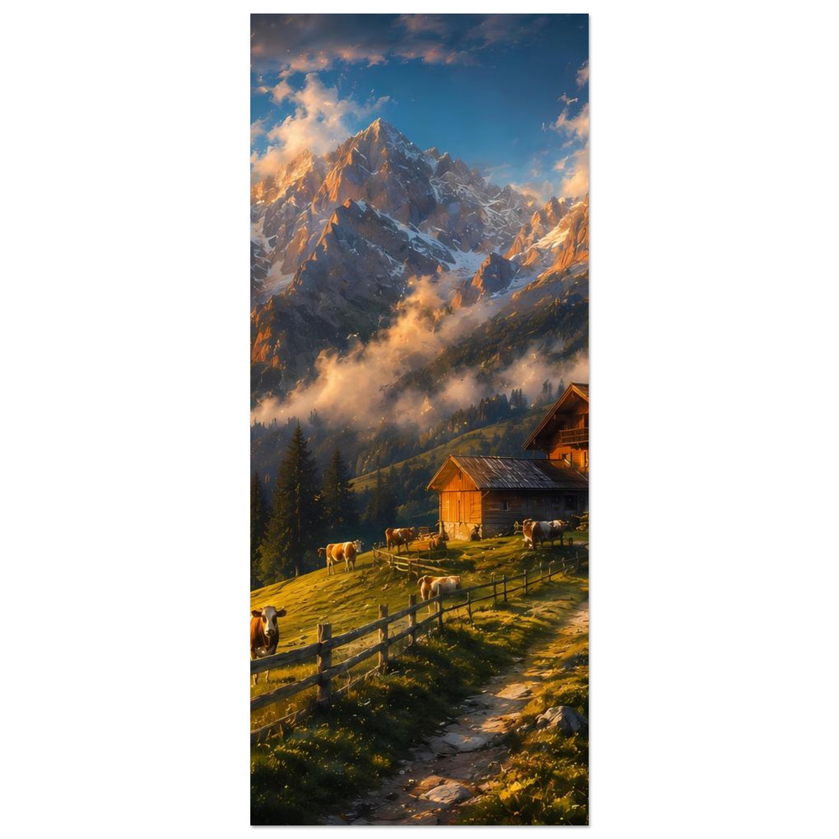 Hochformat-Poster mit Almhütte, Kühen auf der Wiese und Berggipfeln im Abendhimmel