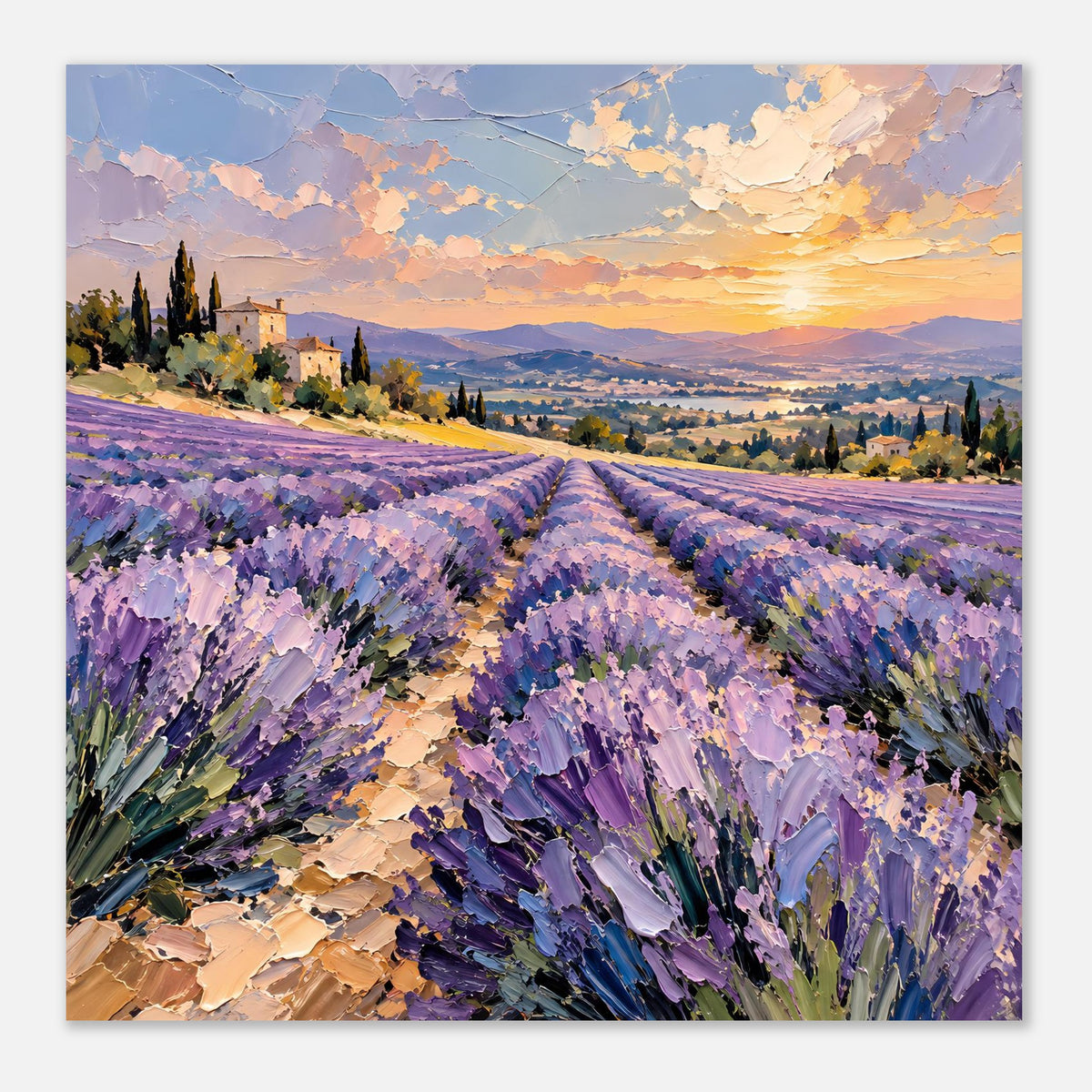 Quadratisches Poster: Lavendelreihen, lila Blüten und warmes Abendhimmel-Motiv