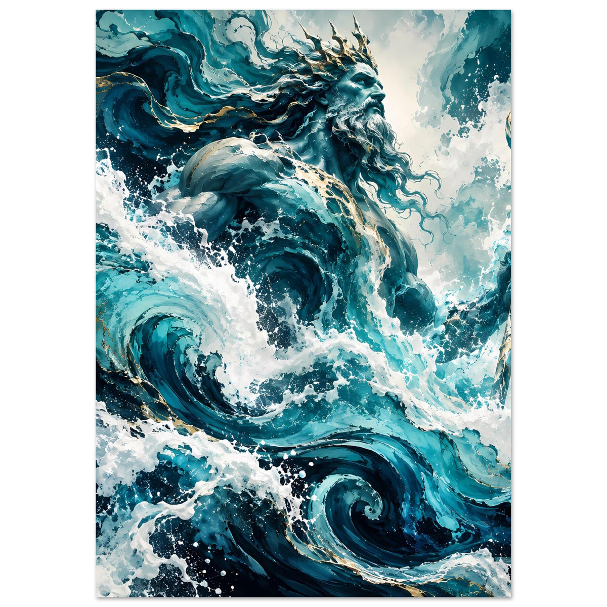 Vertikales Poster: Poseidon/Ozean-Gott auf aufgewühlten Wellen in Blau, Dreizack mit goldenen Spitzen