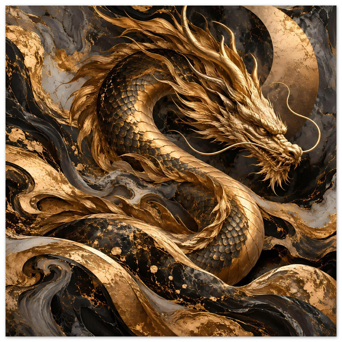 Fantasy-Poster: goldener Drache, Nahansicht Kopf und Mähne in dunklem Glanz