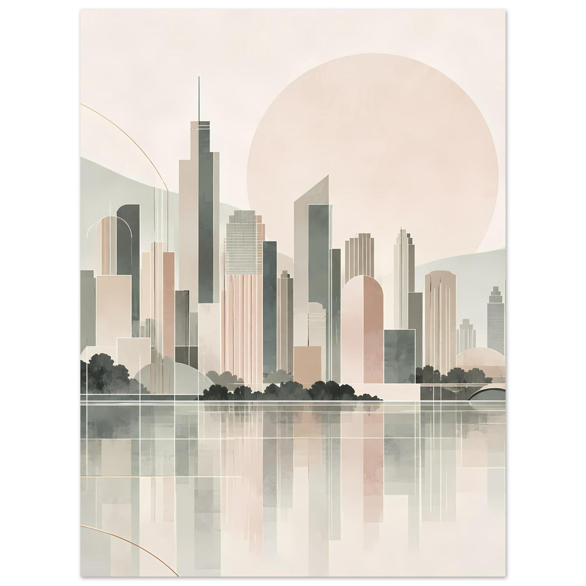 Stadtposter im Hochformat mit minimalistischer Stadtansicht, großer Sonne und Spiegelung im Wasser