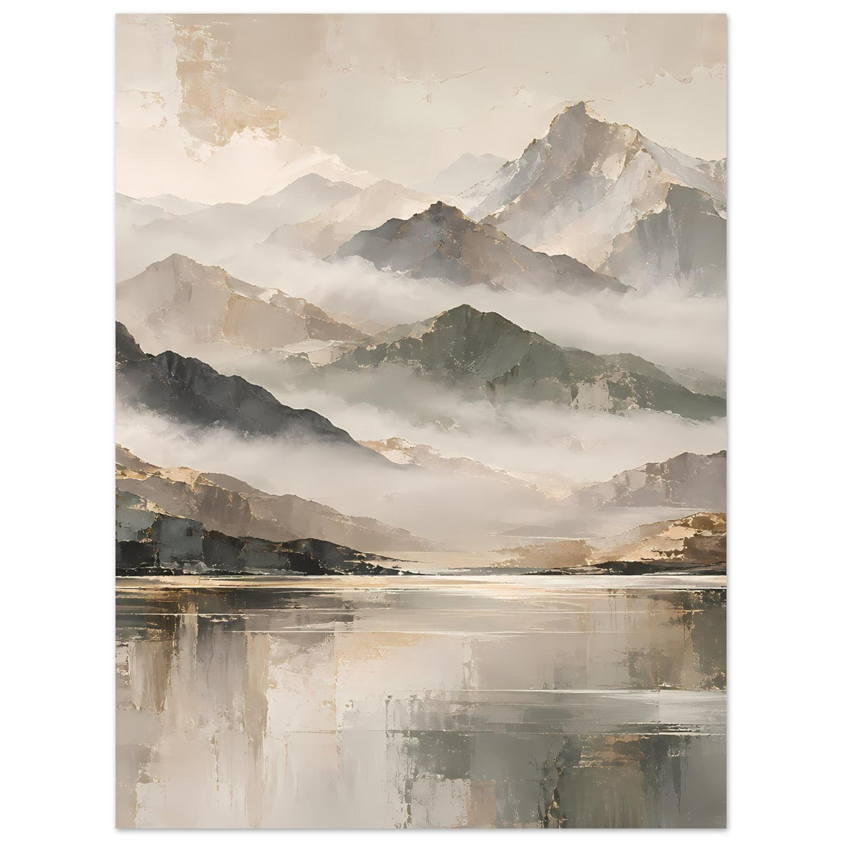 Naturposter mit Bergpanorama im Nebel und spiegelndem See, warme Beige- und Goldnuancen