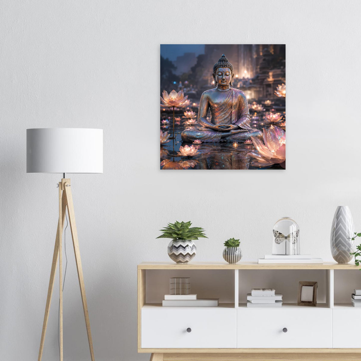 Quadratisch gerahmtes Meditationsposter: sitzender Buddha zwischen leuchtenden Lotuslichtern
