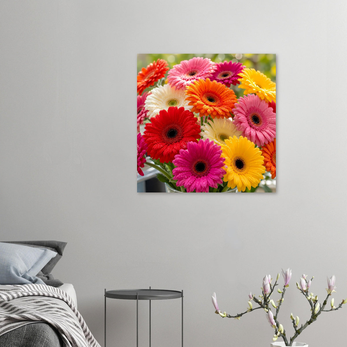 Kleines Gerbera-Blumenstrauß Poster im Rahmen, leuchtende gelbe, pinke und rote Blüten