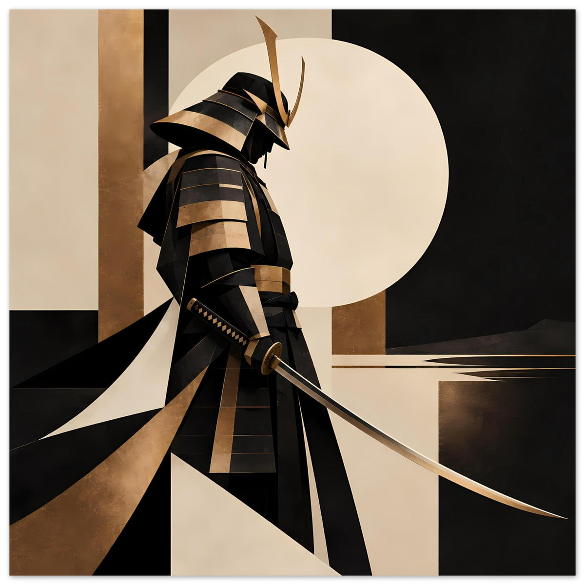 Kunstposter mit Samurai-Silhouette, beiger Kreis im Motiv, Schwarz und Gold