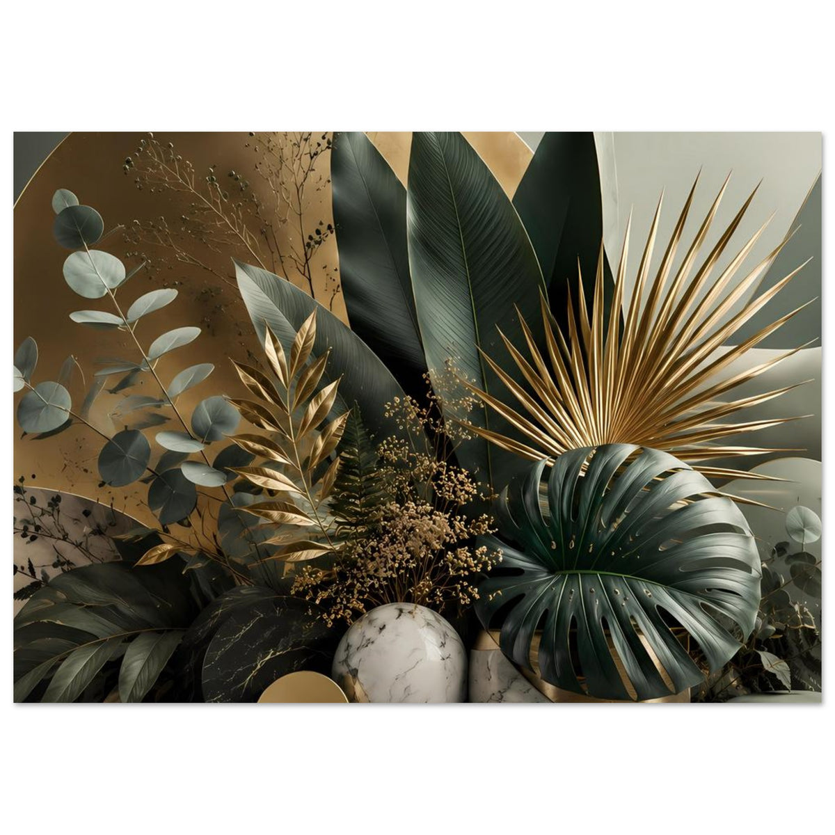 Botanisches Poster mit großem Palmwedel, goldenen Linien, Eukalyptuszweigen und Marmorkugel