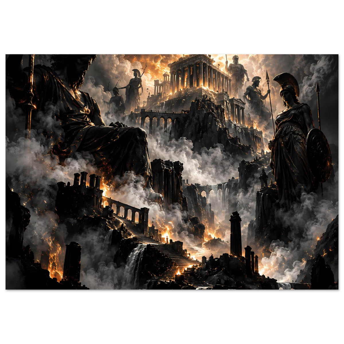 Fantasy-Poster im Querformat: dunkle Festung, Feuer im Hintergrund und Kriegerfiguren