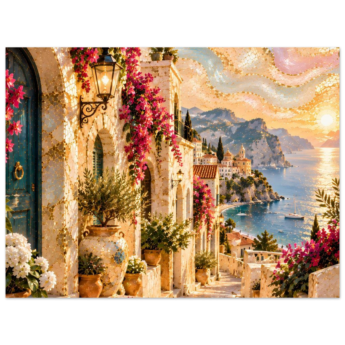 Mediterraner Poster: Nahansicht Altstadtgasse mit Laternen, Blütenrankern und Küstenbucht