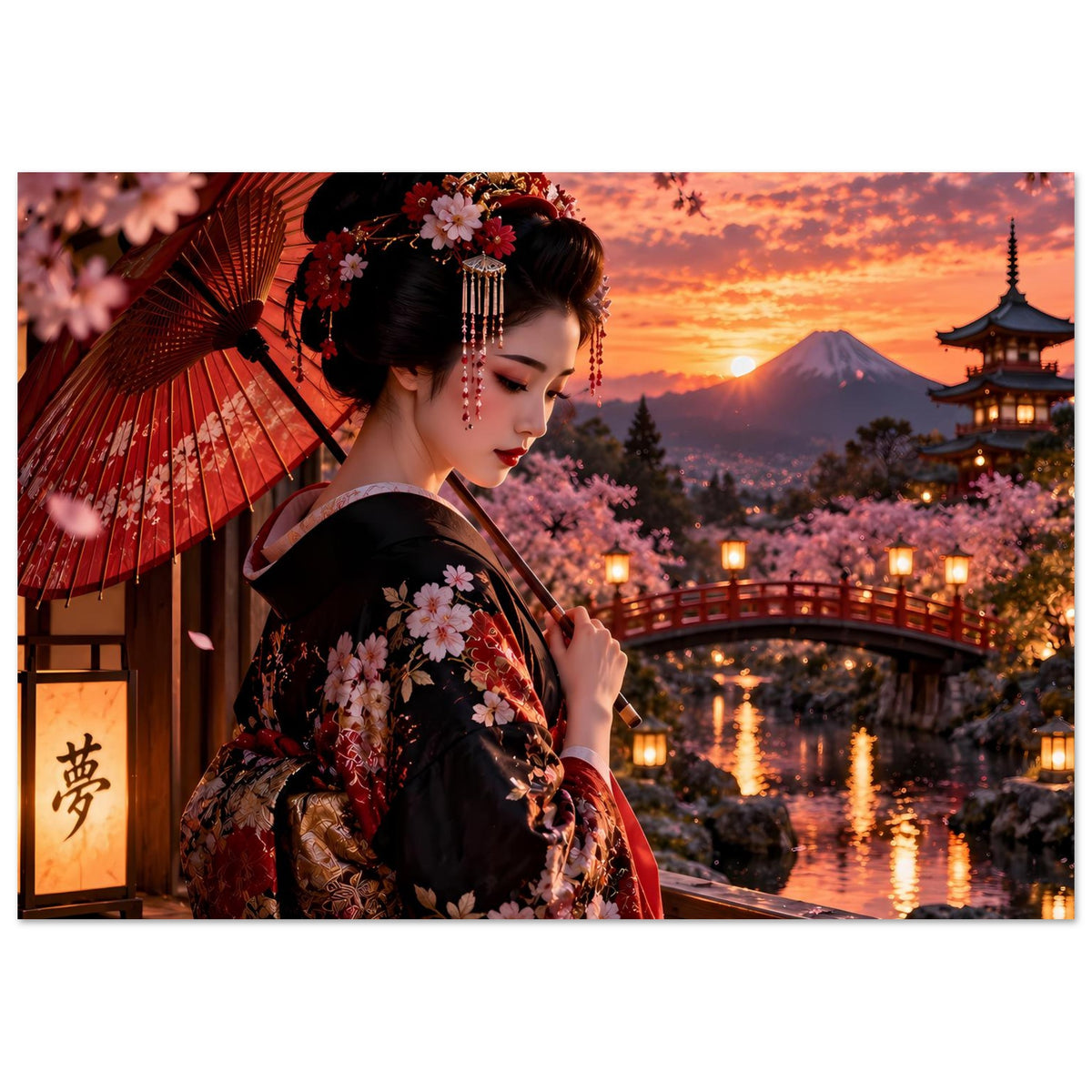 Poster: Frau im dunklen Kimono mit Kirschblüten, roter Fächer und Brückenmotiv im Hintergrund