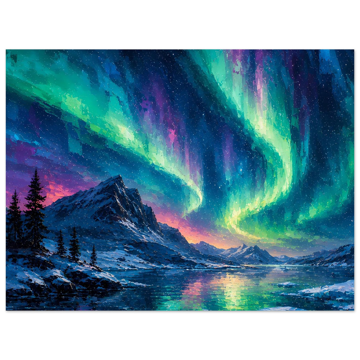 Fine-Art-Poster im Querformat: Nordlicht über Bergtal, Bäume und spiegelndem Fluss.
