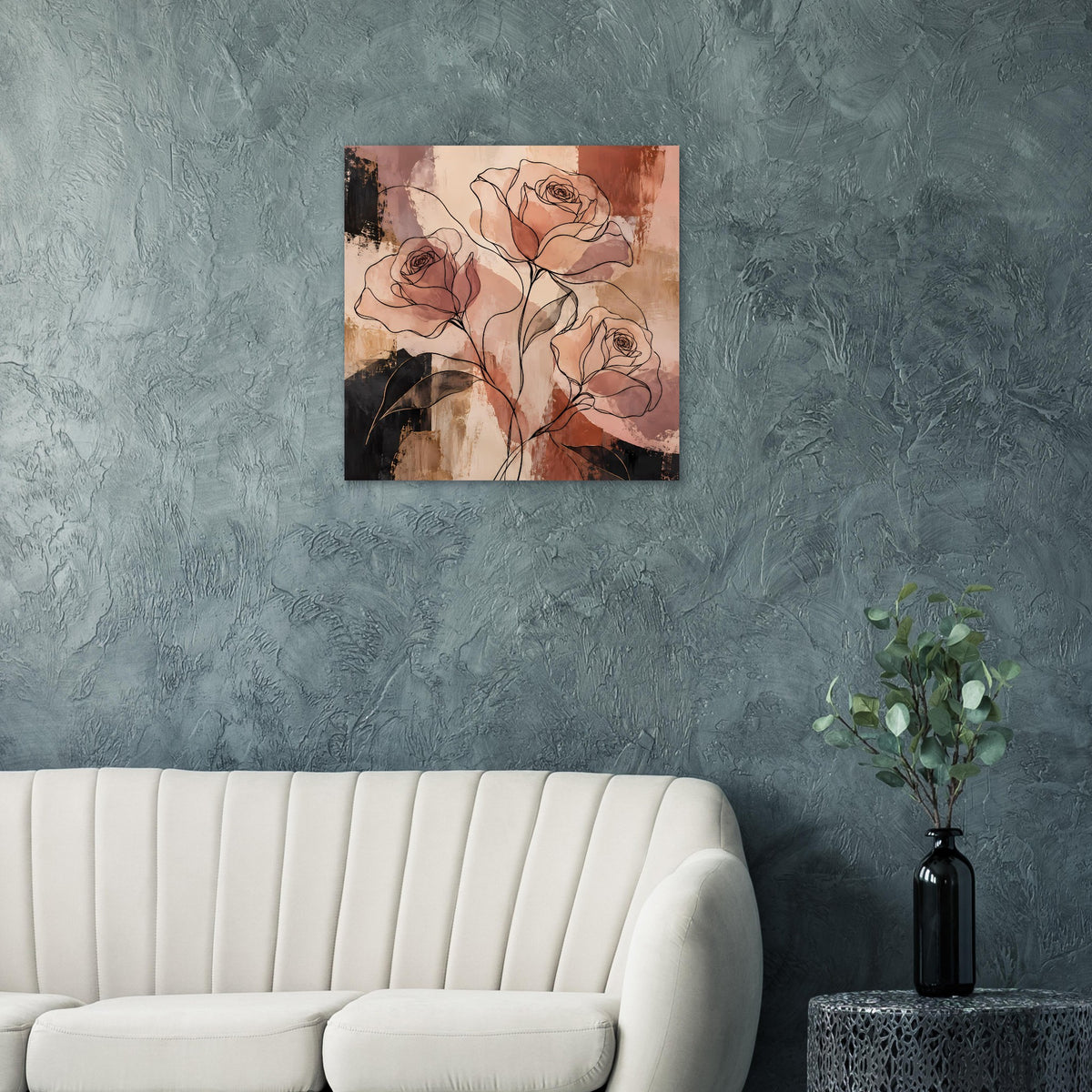 Poster mit abstrakten Rosen als Linienkunst in Terrakotta- und Erdtönen