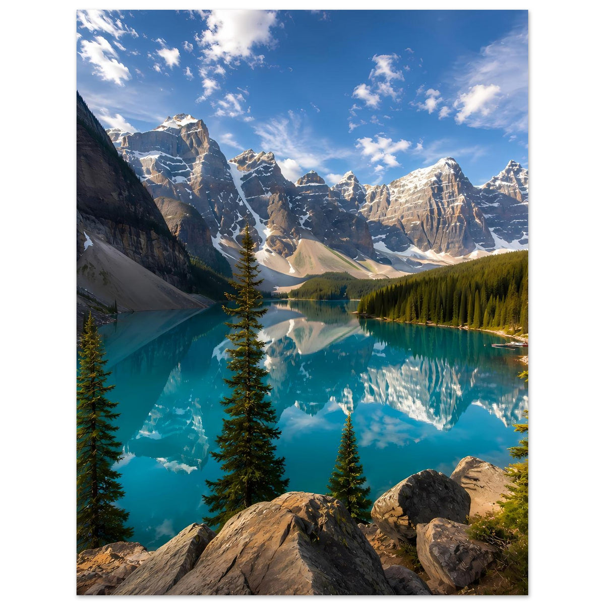 Hochformat-Kunstdruck: Bergsee in Türkis, Fichten am Ufer, Gebirge und Spiegelbild im Wasser.