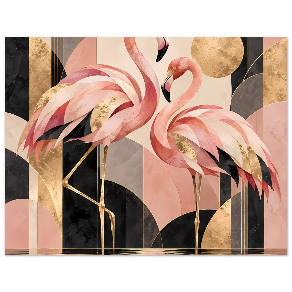 Zwei rosa Flamingos vor geometrischem Hintergrund mit Goldakzenten in Schwarz und Creme – Posteransicht 40