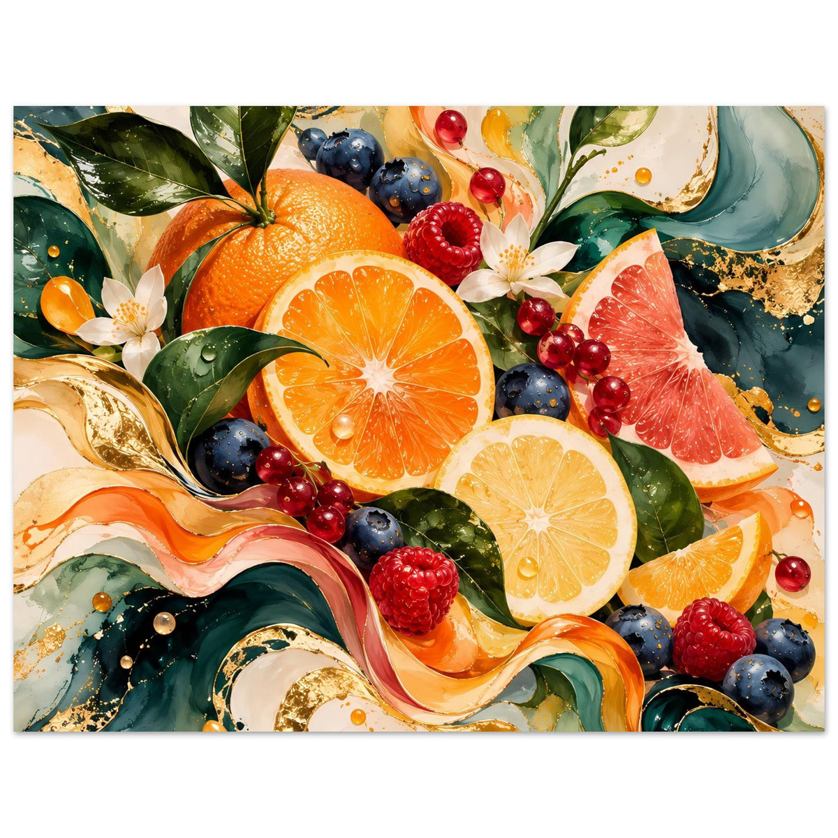 Nahes Obstmotiv auf Poster: Orangen, Beeren und Zitronen in detailreicher, bunter Illustration