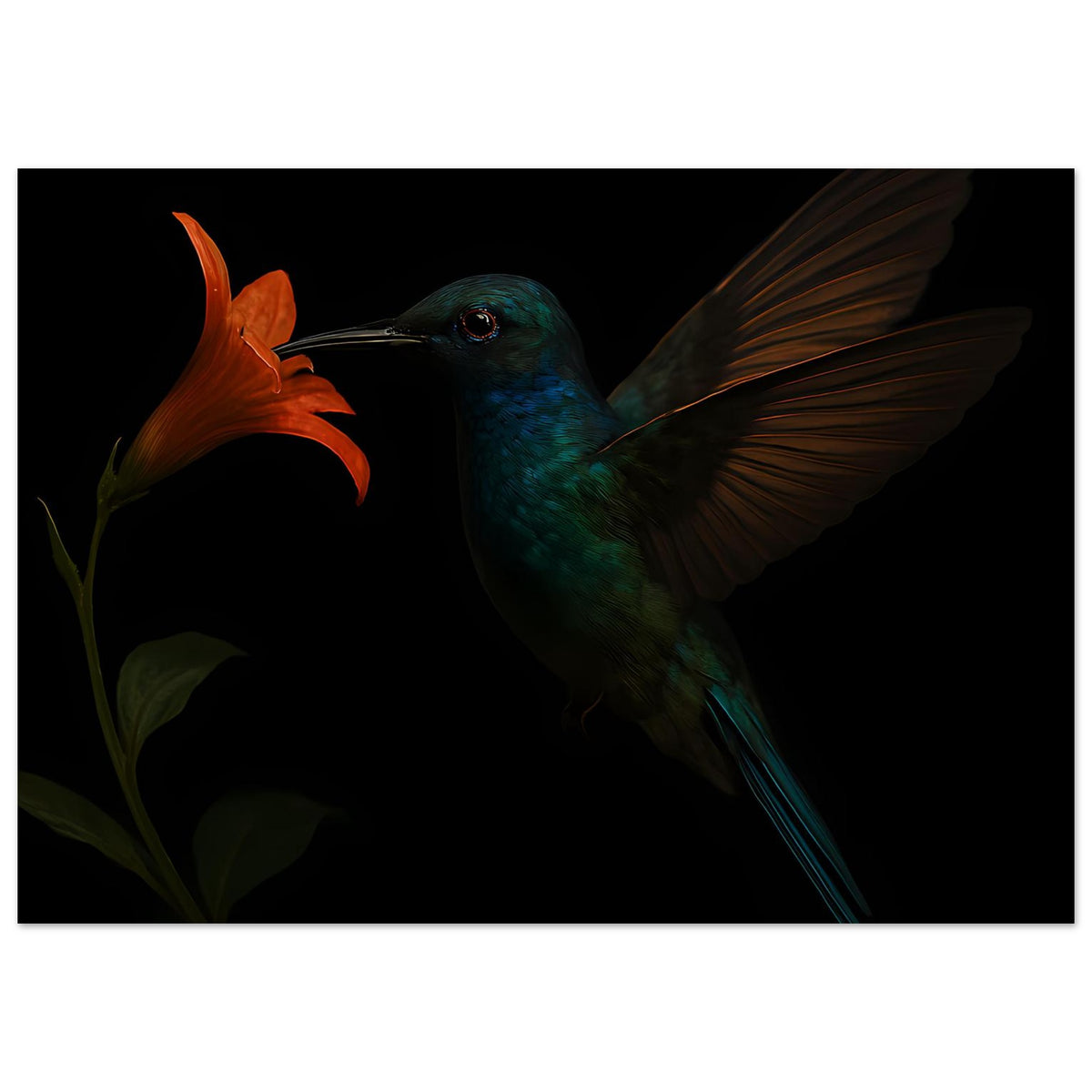 Horizontales Kunstdruck-Poster mit grünem Kolibri und orangefarbener Lilie