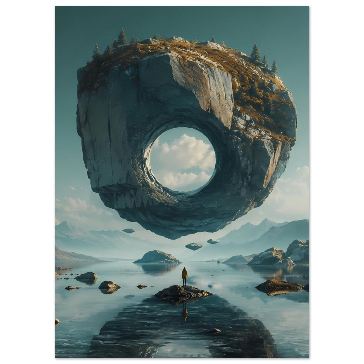 Poster: schwebender Felsring über See mit Inseln, Berge im Hintergrund und stehende Person