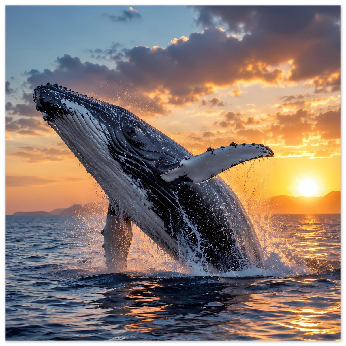 Meerposter im Hochformat: springender Wal mit Spritzwasser und sichtbarer Fluke