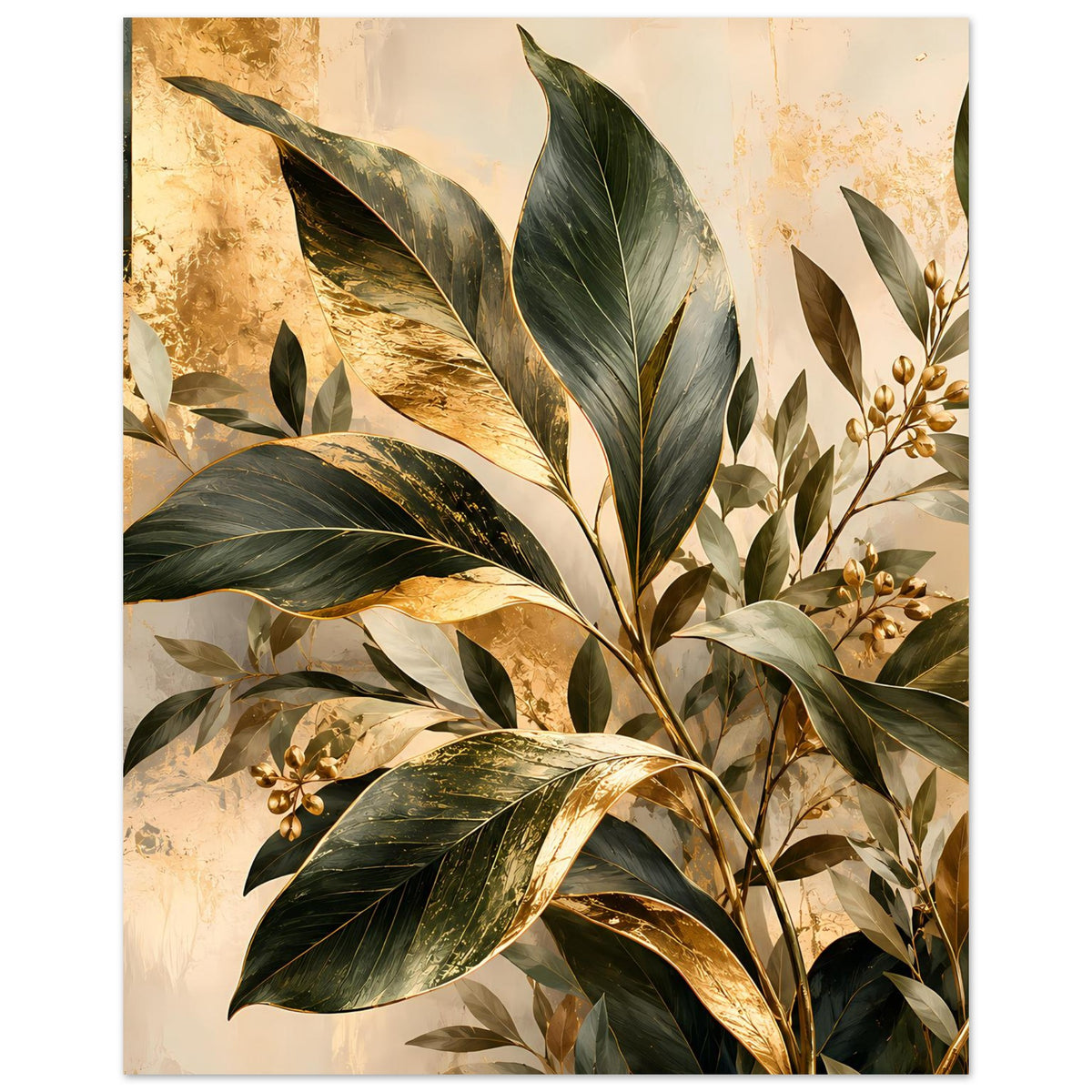 Botanisches Poster mit gold schimmernden Blättern, grünen Blättern und goldenen Details