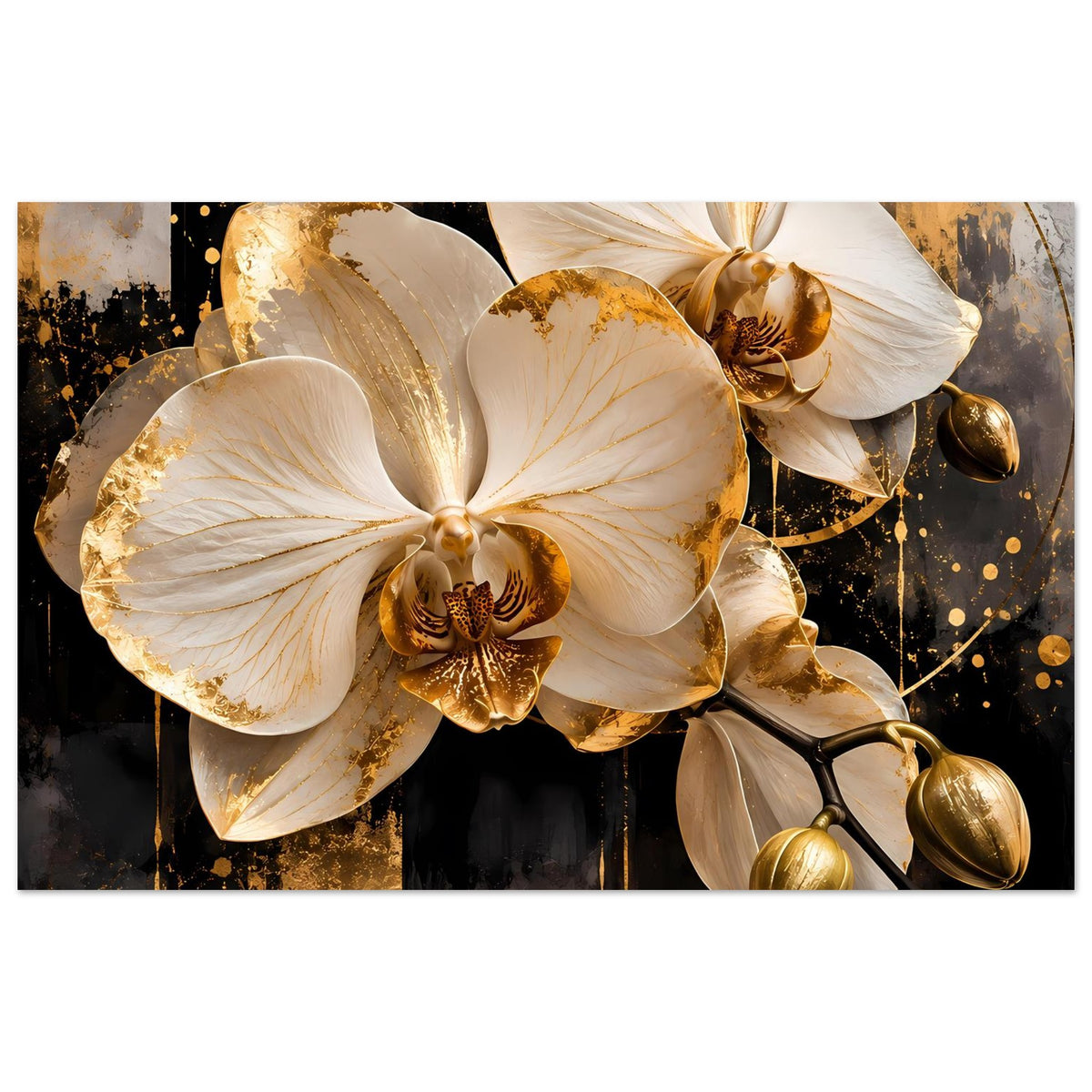 Orchideenposter im Querformat: Elfenbeinblüten mit goldenen Lichtern und Ranken