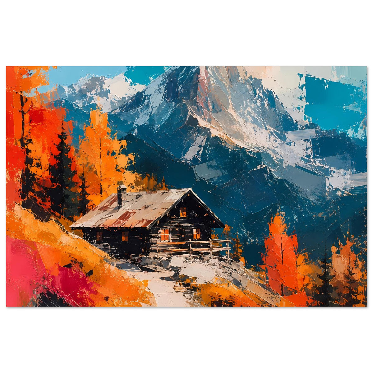 Horizontales Wandposter mit Berghütte im Alpenstil, Herbstorange, blaues Gebirge