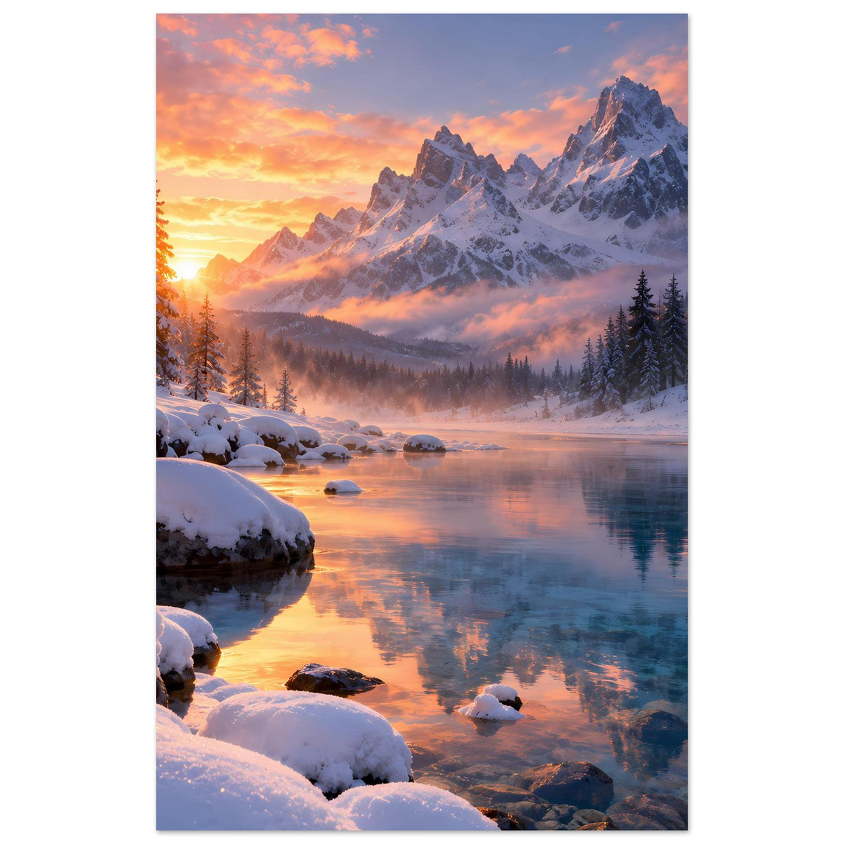 Vertikales Poster: Winterlandschaft mit Bergen, Tannen und reflektierendem See