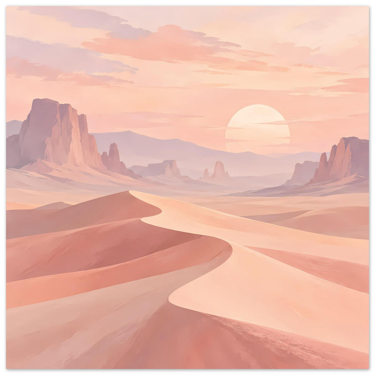 Horizontales Poster mit geschwungenen Sanddünen, Bergkämmen und großer Halbsonne