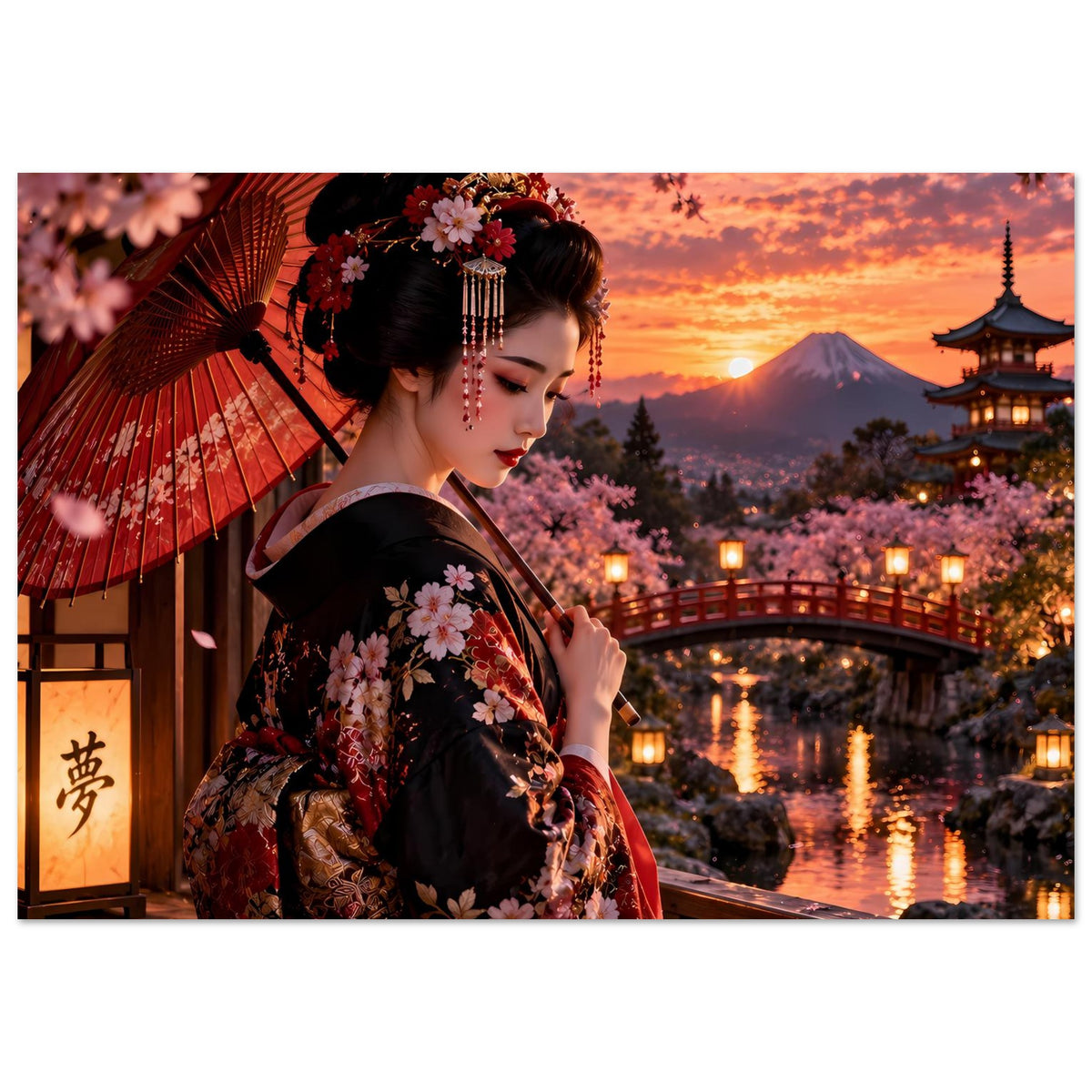 Poster: Frau im Kimono mit Kirschblüten, roter Fächer-Schirm, Pagode rechts