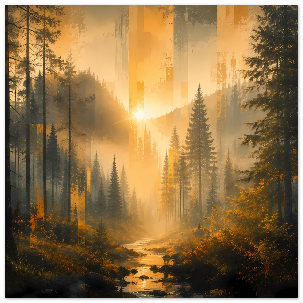 Poster mit mystischem Wald: Sonnenaufgang, dichter Nebel, Flusslauf und Tannen, rechteckig mit Rahmen