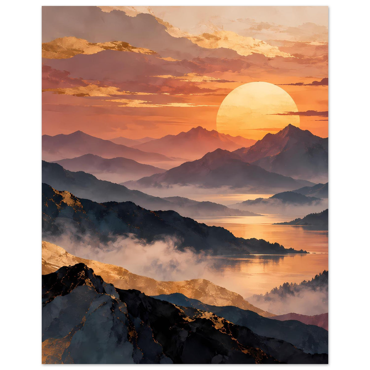 Vertikaler Posterdruck: runde Sonne am Himmel, Berglandschaft und See mit Nebelzug.
