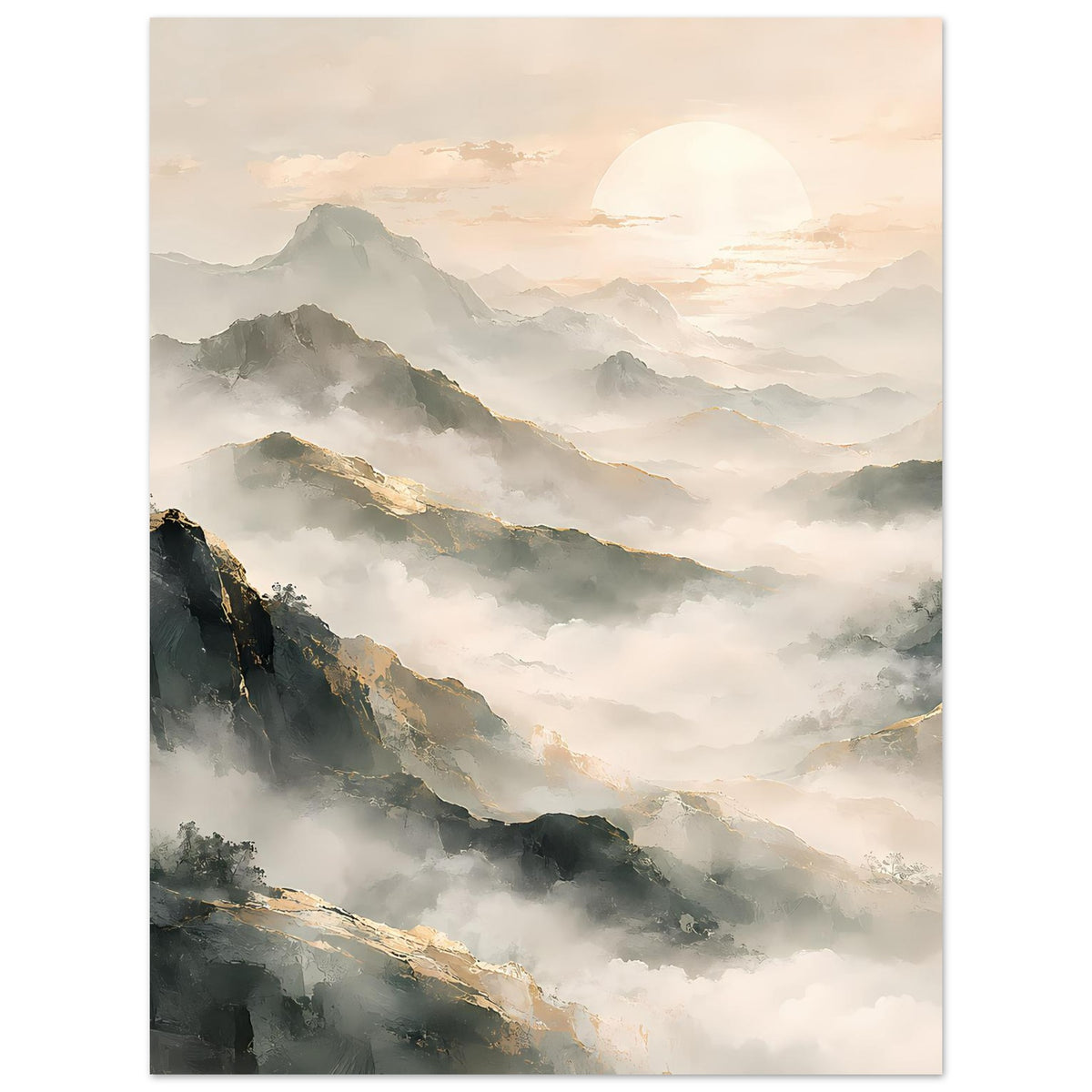 Bergpanorama-Poster im Hochformat: neblige Landschaft mit warmem Sonnenlicht über Bergen.