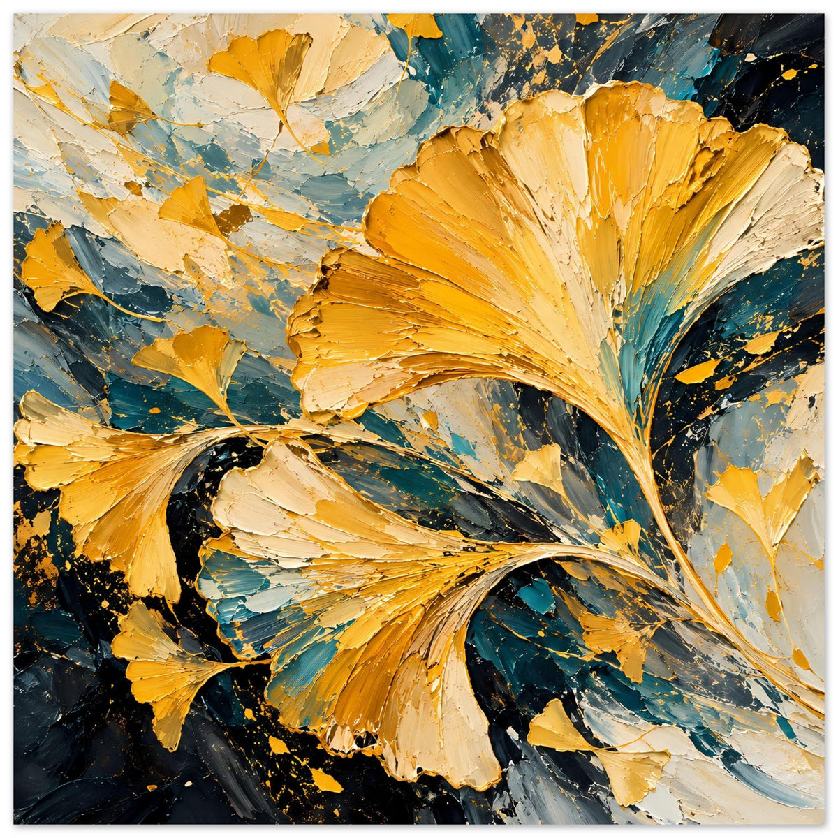Abstraktes Ginkgo-Blätter-Poster im Querformat, goldene Blätter über dunklem Blau und Türkis