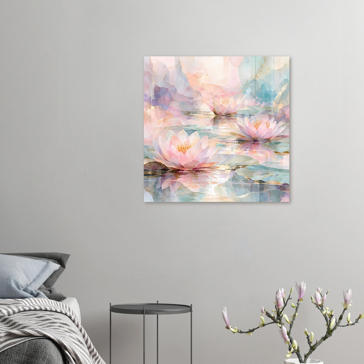 Kleines Poster: Seerosen auf Wasser in Pastellfarben, abstraktes florales Motiv