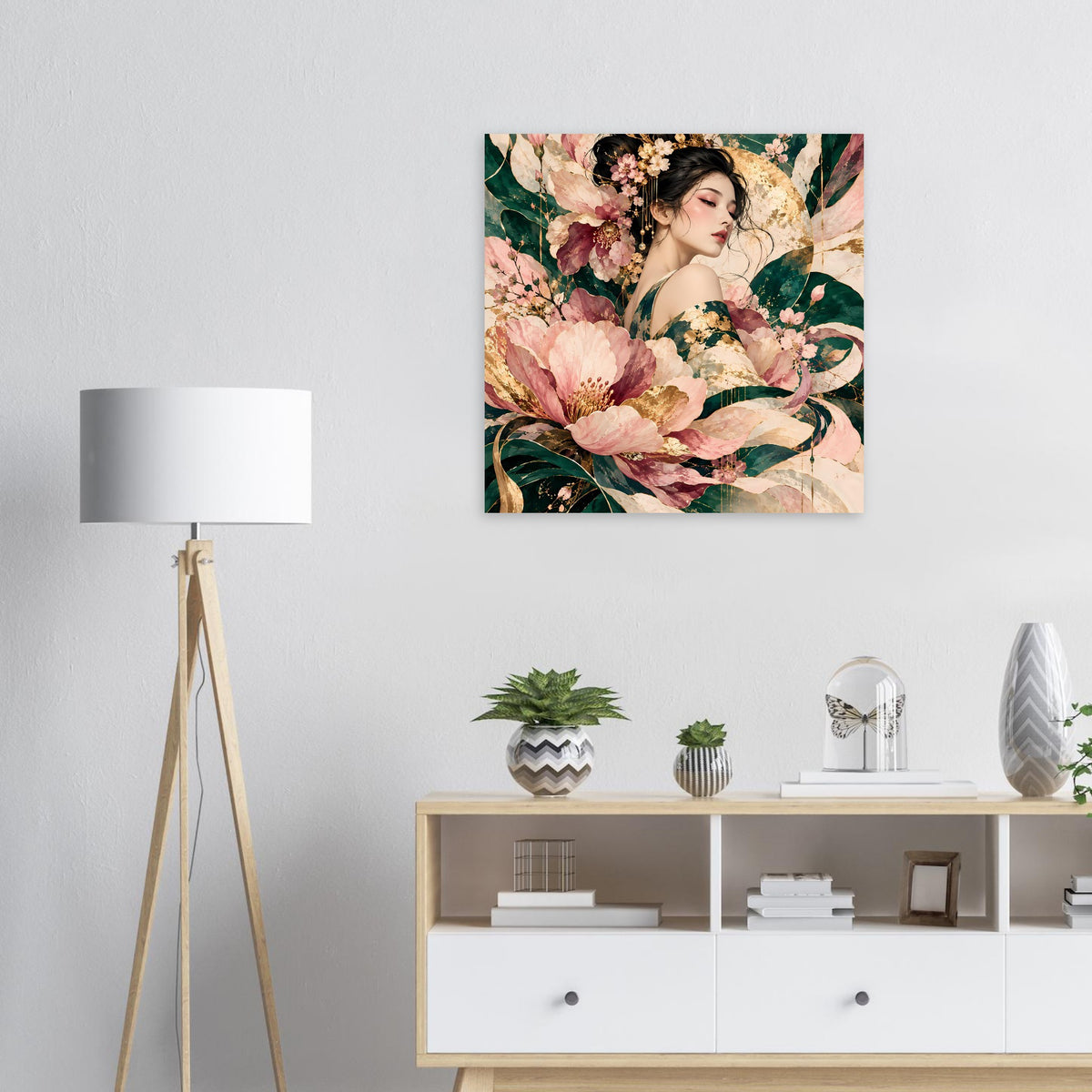 Elegantes florales Poster mit Frauenporträt in Rosé, Grün und Gold