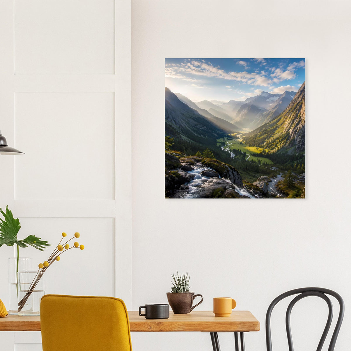 Gerahmtes quadratisches Poster: Bergtal mit schimmerndem Bach und Sonnenlicht