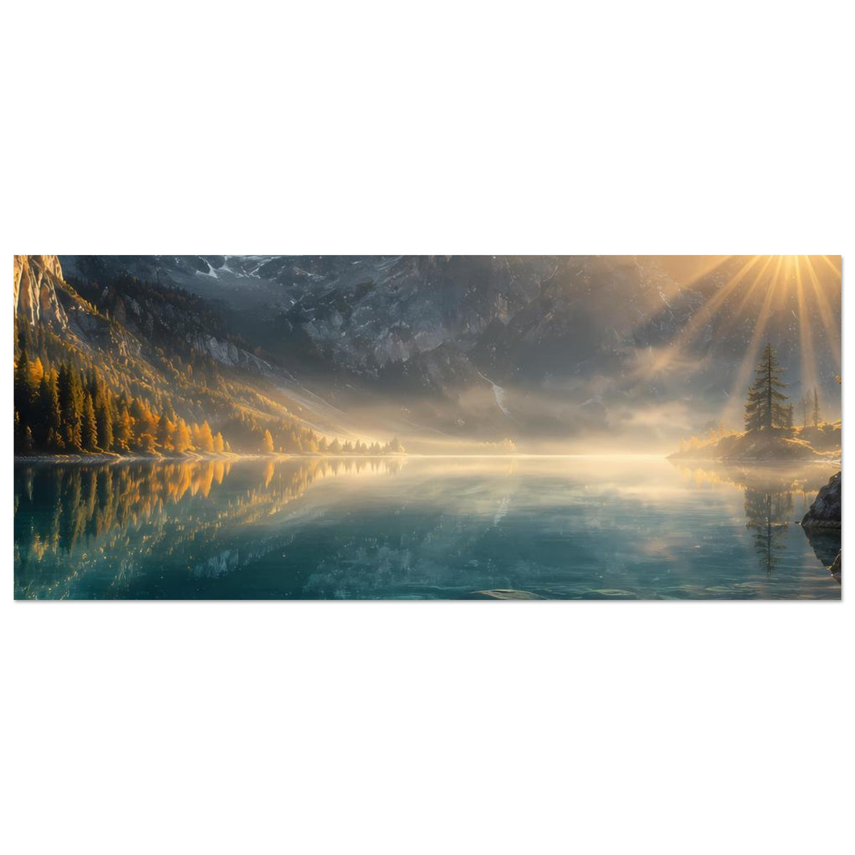 Horizontales Landschaftsposter mit Bergsee, Wolkenhimmel, warmen Lichtreflexen und Felsen