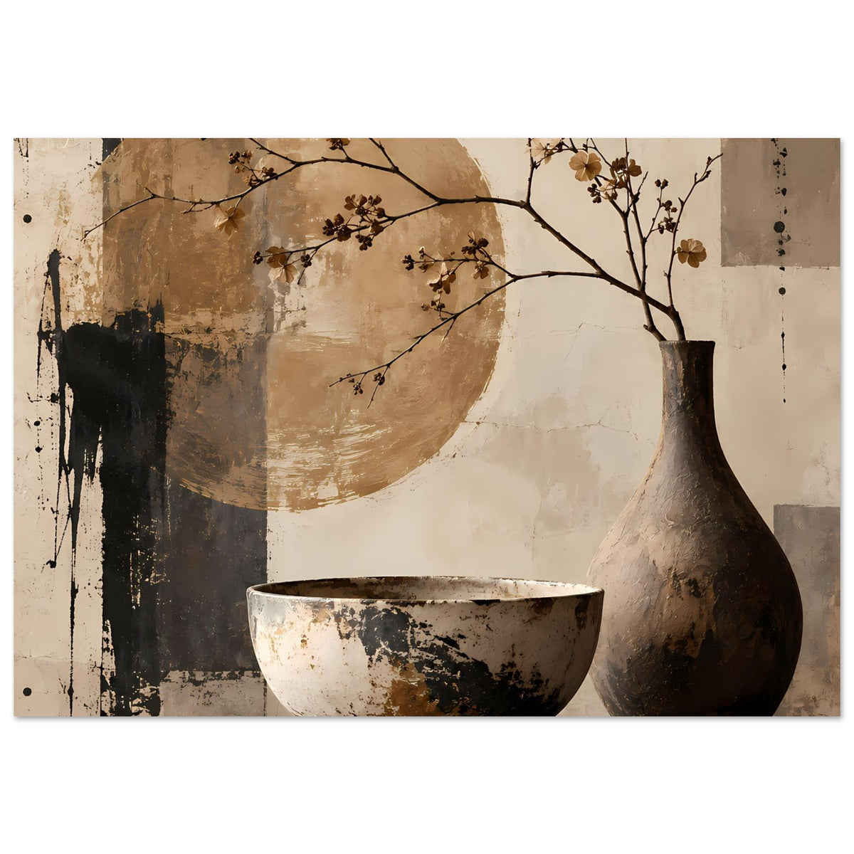 Stillleben-Poster mit braunem Ast, dunkler Vase und Schale, warmes Erdtönedesign