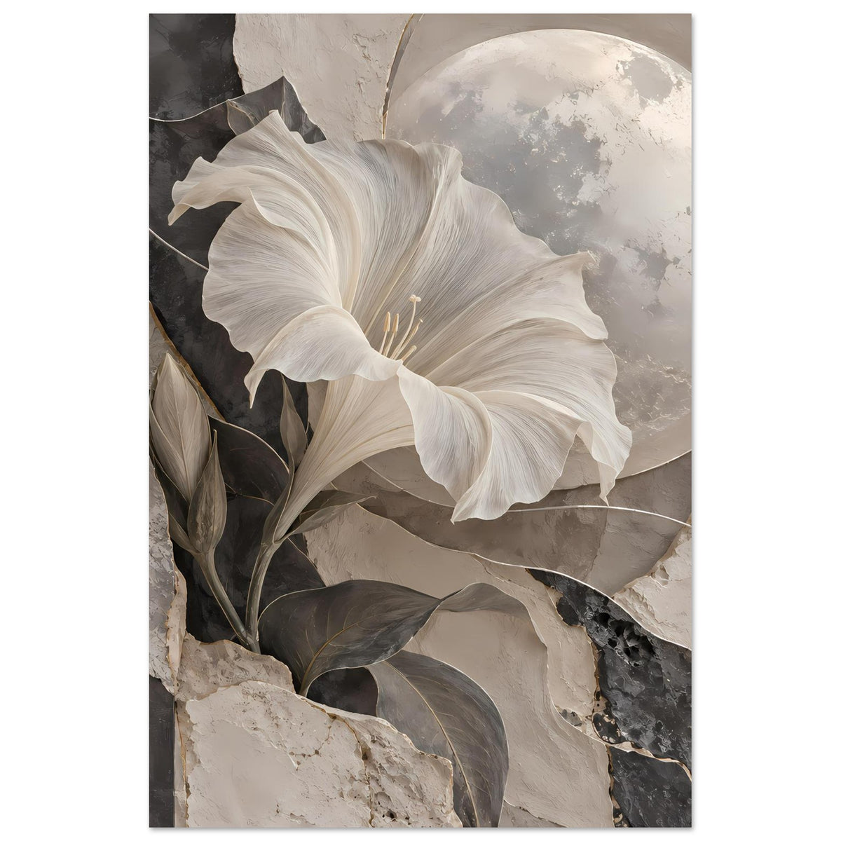 Kunstposter mit weißer Blume, Halbmond im Hintergrund, dunklen Blättern und Goldlinien